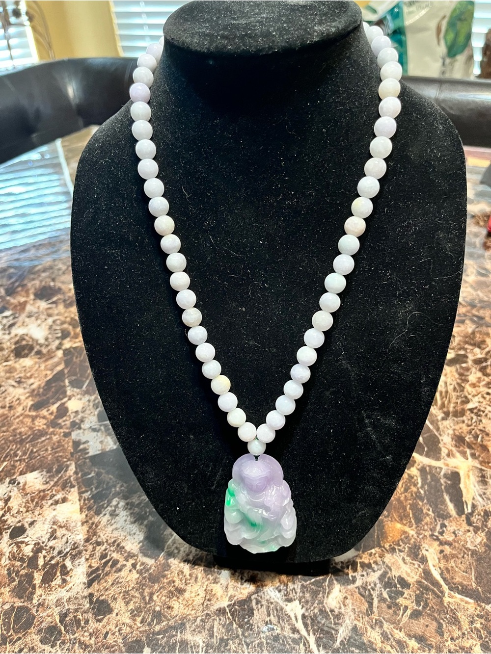 Lavender and Spinach Green Natural Jade Bead Necklace with Carved Pendant